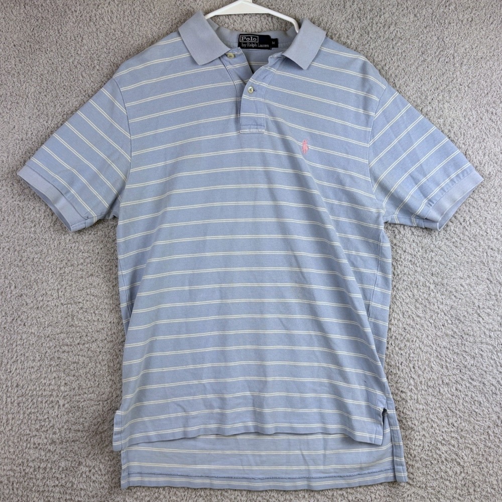Polo Ralph Lauren Polo Shirt Mens Medium Blue Striped Pony Pique Vintage Preppy